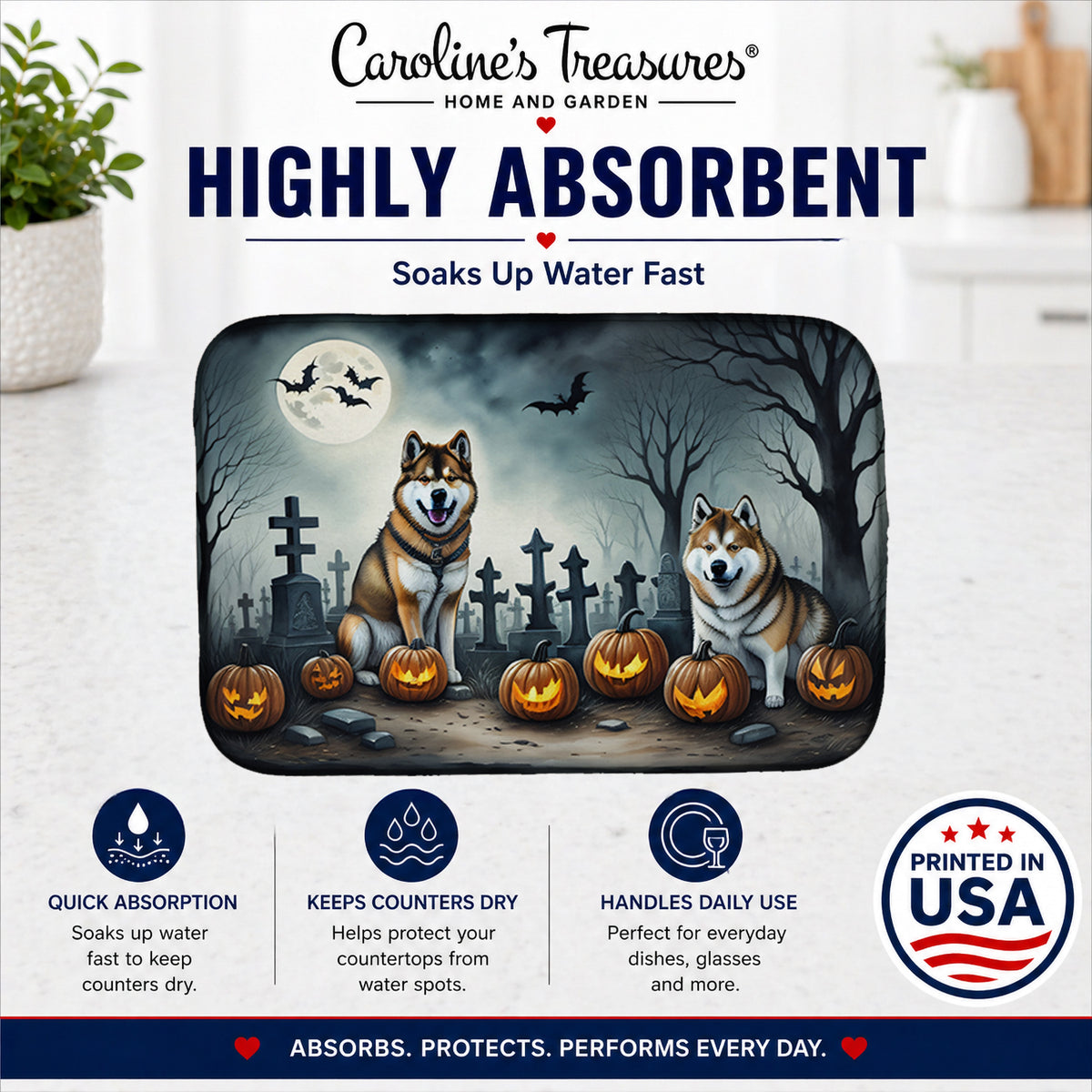 Caroline's Treasures DAC2005DDM Akita Spooky Halloween Dish Drying Mat Absorbent Dish Drying Mat Pad for Kitchen Counter Dish Drainer Mat for Countertop, 14 x 21, Multicolor