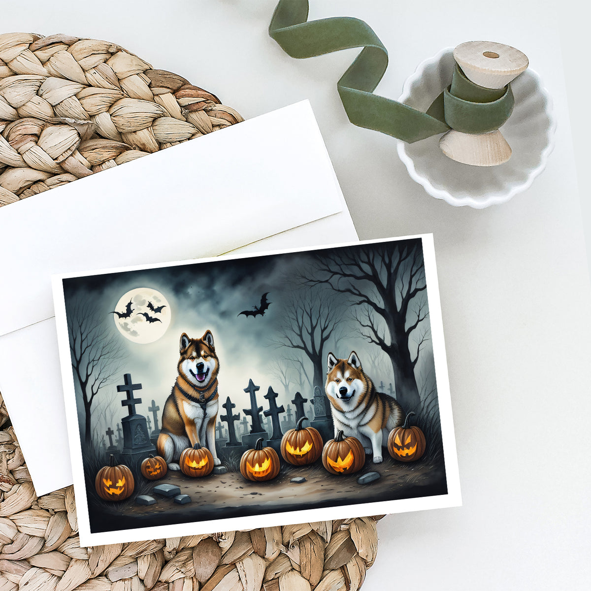 Caroline's Treasures DAC2005GCA7P Akita Spooky Halloween Greeting Cards and Envelopes Pack of 8 Blank Cards with Envelopes Whimsical A7 Size 5x7 Blank Greeting Cards