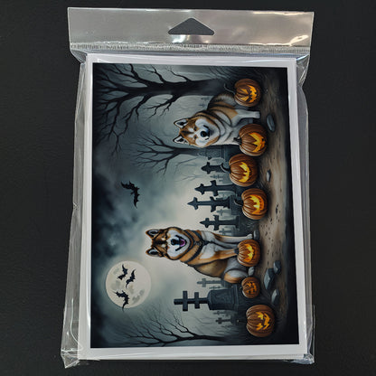 Caroline's Treasures DAC2005GCA7P Akita Spooky Halloween Greeting Cards and Envelopes Pack of 8 Blank Cards with Envelopes Whimsical A7 Size 5x7 Blank Greeting Cards