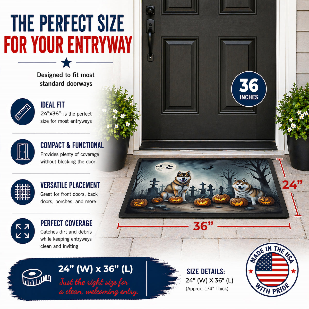 Caroline's Treasures DAC2005JMAT Akita Spooky Halloween Indoor or Outdoor Mat 24x36 Front Door Mat Indoor Outdoor Rugs for Entryway, Non Slip Washable Low Pile, 24H X 36W
