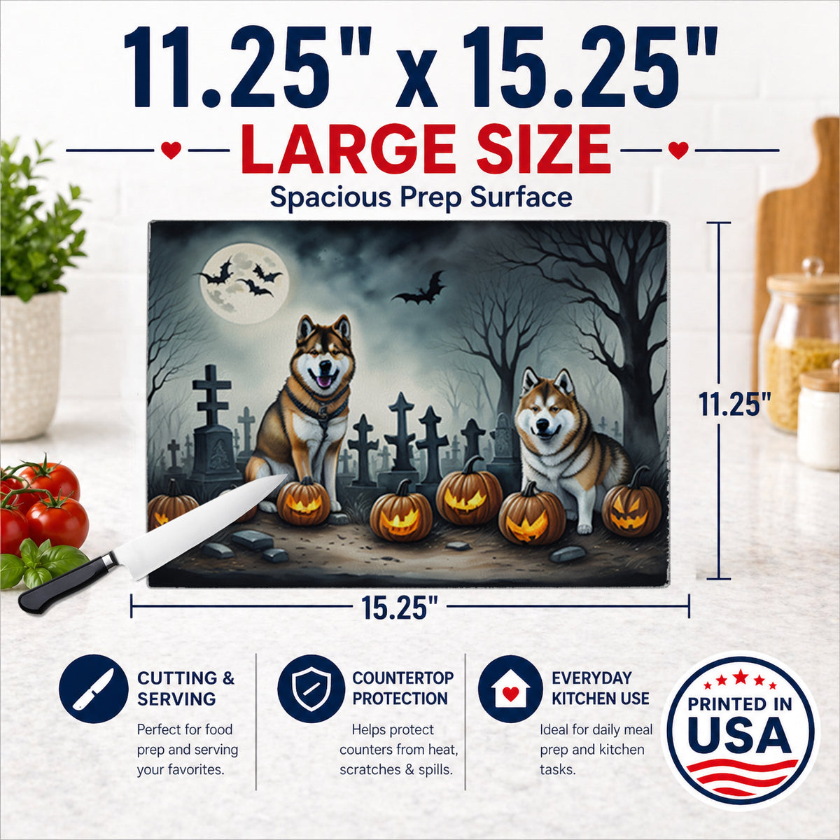 Caroline's Treasures DAC2005LCB Akita Spooky Halloween Glass Cutting Board Large Decorative Tempered Glass Kitchen Cutting and Serving Board Large Size Chopping Board