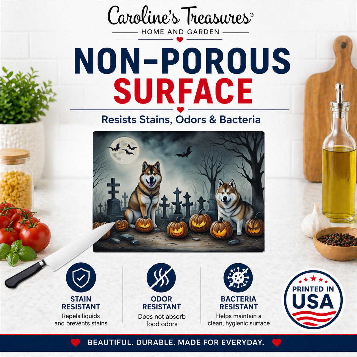 Caroline's Treasures DAC2005LCB Akita Spooky Halloween Glass Cutting Board Large Decorative Tempered Glass Kitchen Cutting and Serving Board Large Size Chopping Board