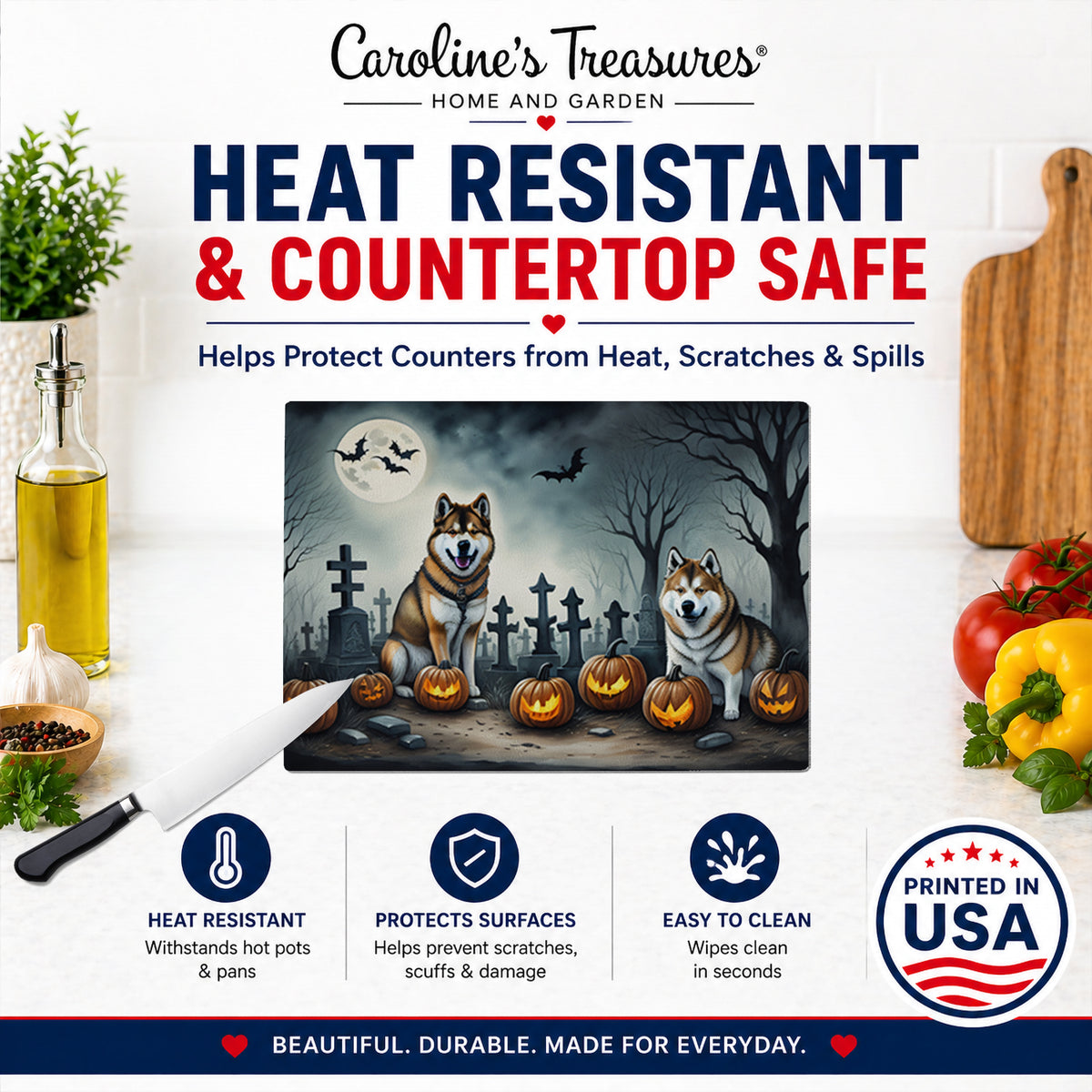 Caroline's Treasures DAC2005LCB Akita Spooky Halloween Glass Cutting Board Large Decorative Tempered Glass Kitchen Cutting and Serving Board Large Size Chopping Board