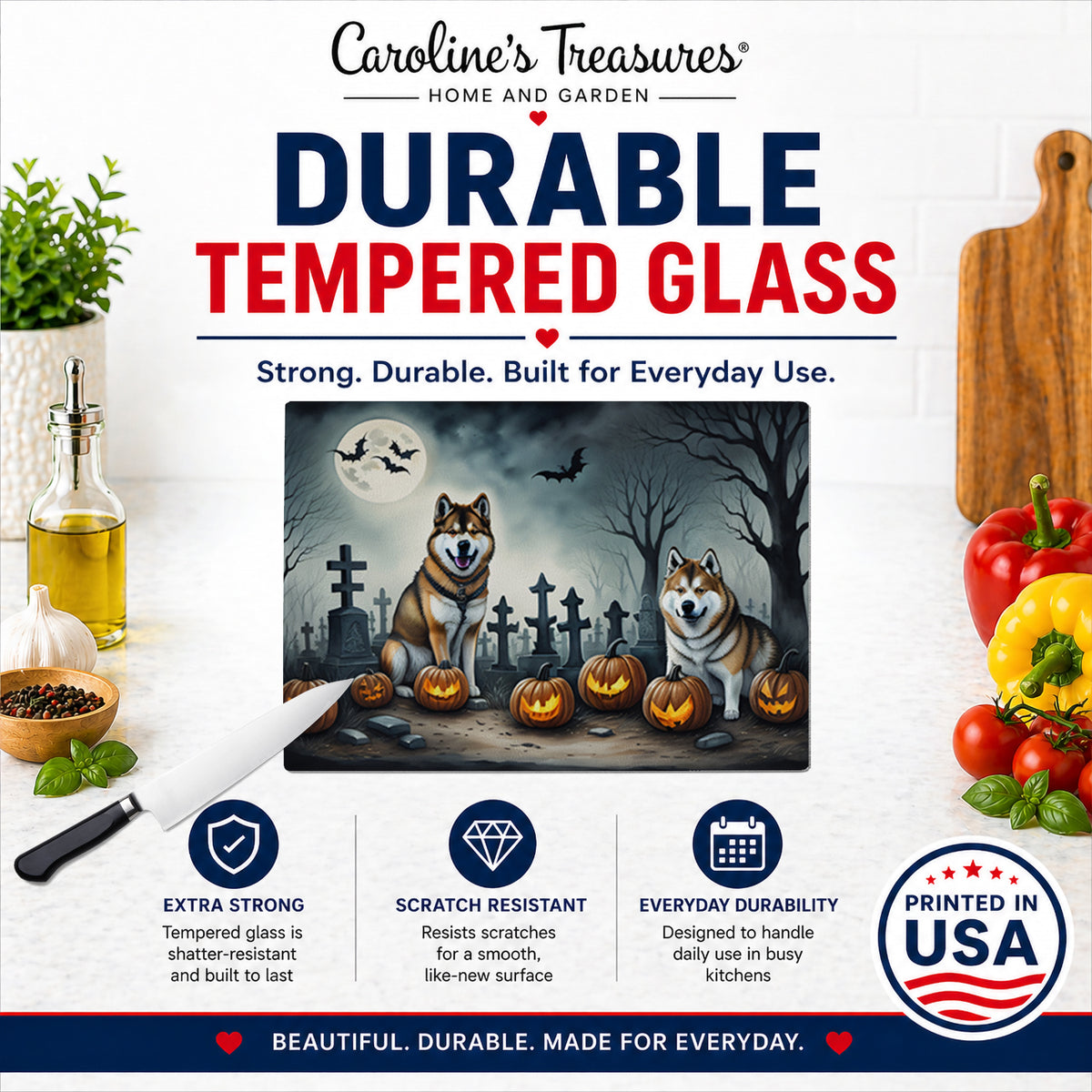 Caroline's Treasures DAC2005LCB Akita Spooky Halloween Glass Cutting Board Large Decorative Tempered Glass Kitchen Cutting and Serving Board Large Size Chopping Board