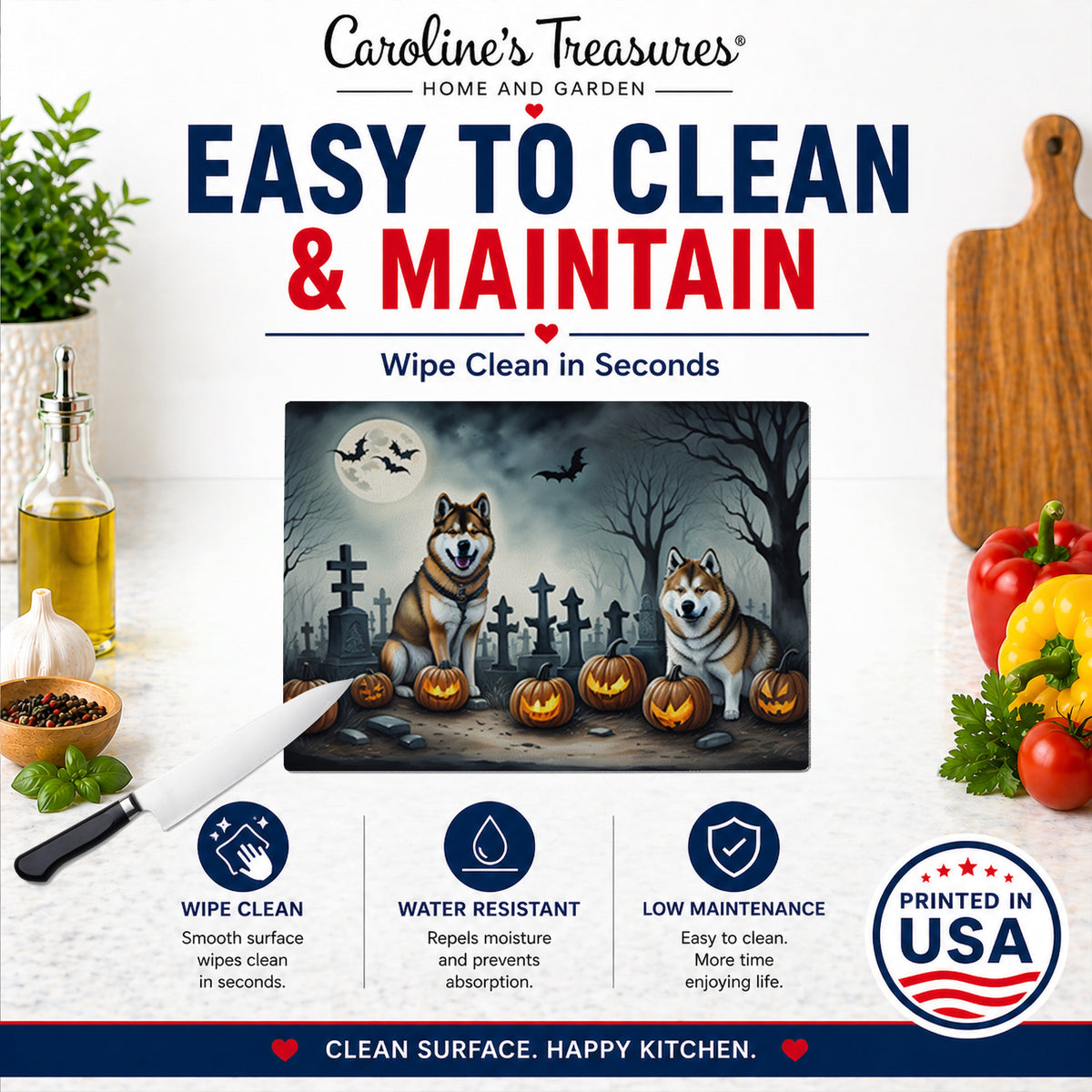 Caroline's Treasures DAC2005LCB Akita Spooky Halloween Glass Cutting Board Large Decorative Tempered Glass Kitchen Cutting and Serving Board Large Size Chopping Board