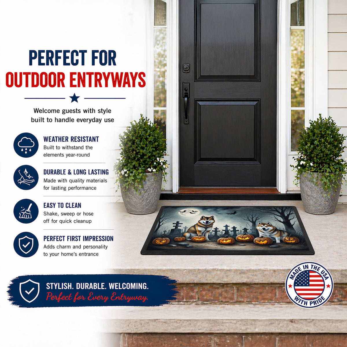 Caroline's Treasures DAC2005MAT Akita Spooky Halloween Doormat 18x27 Front Door Mat Indoor Outdoor Rugs for Entryway, Non Slip Washable Low Pile, 18H X 27W