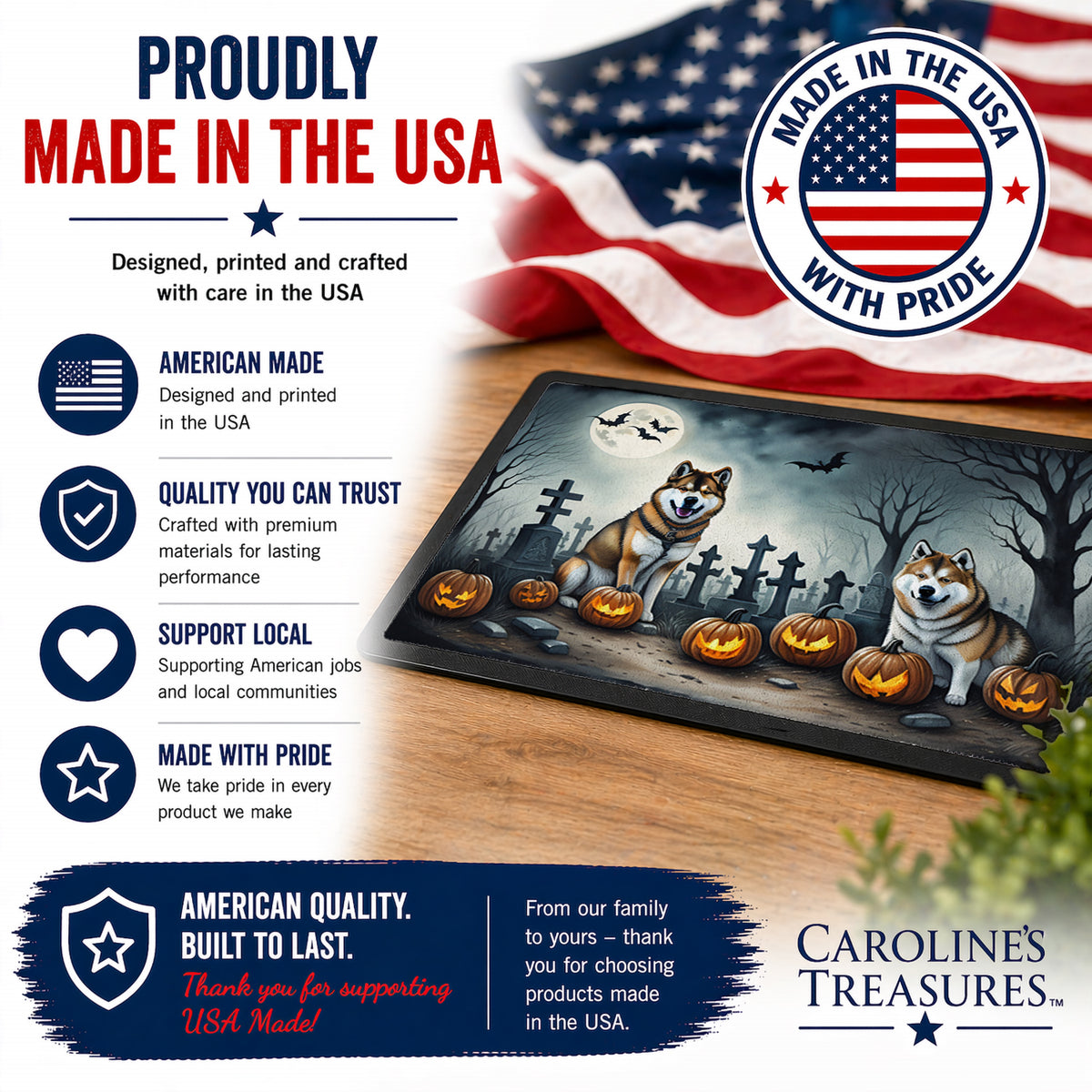 Caroline's Treasures DAC2005MAT Akita Spooky Halloween Doormat 18x27 Front Door Mat Indoor Outdoor Rugs for Entryway, Non Slip Washable Low Pile, 18H X 27W