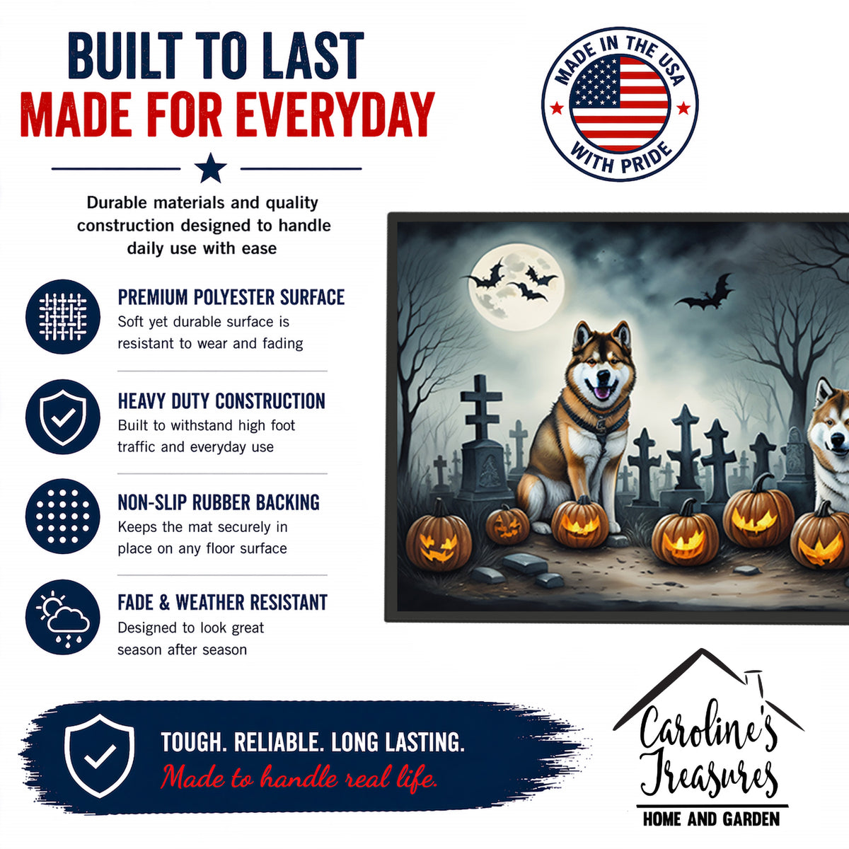 Caroline's Treasures DAC2005MAT Akita Spooky Halloween Doormat 18x27 Front Door Mat Indoor Outdoor Rugs for Entryway, Non Slip Washable Low Pile, 18H X 27W