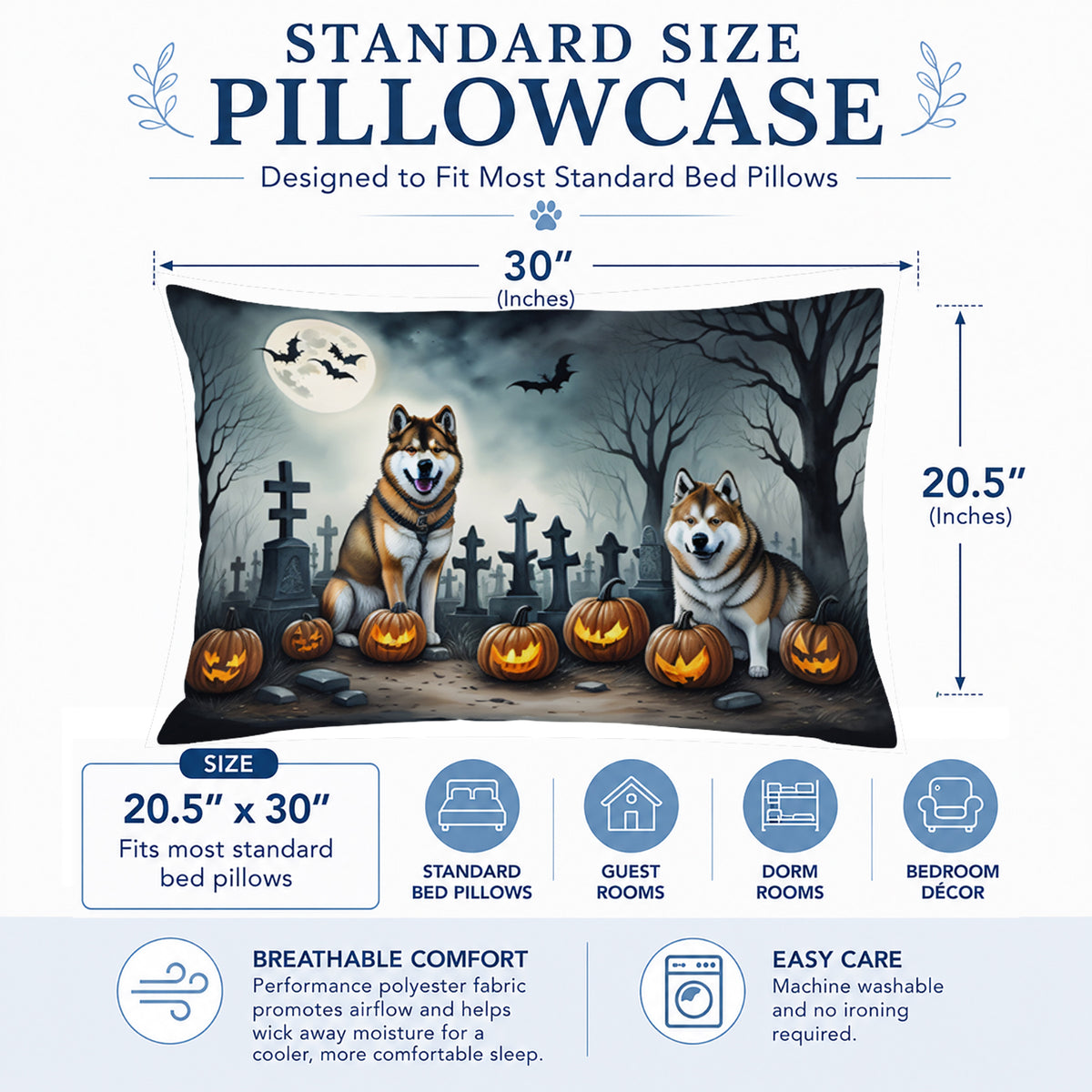 Caroline's Treasures DAC2005PILLOWCASE Akita Spooky Halloween Fabric Standard Pillowcase Lightweight Super Soft Easy Care Decorative Artwork Pillowcase, Standard
