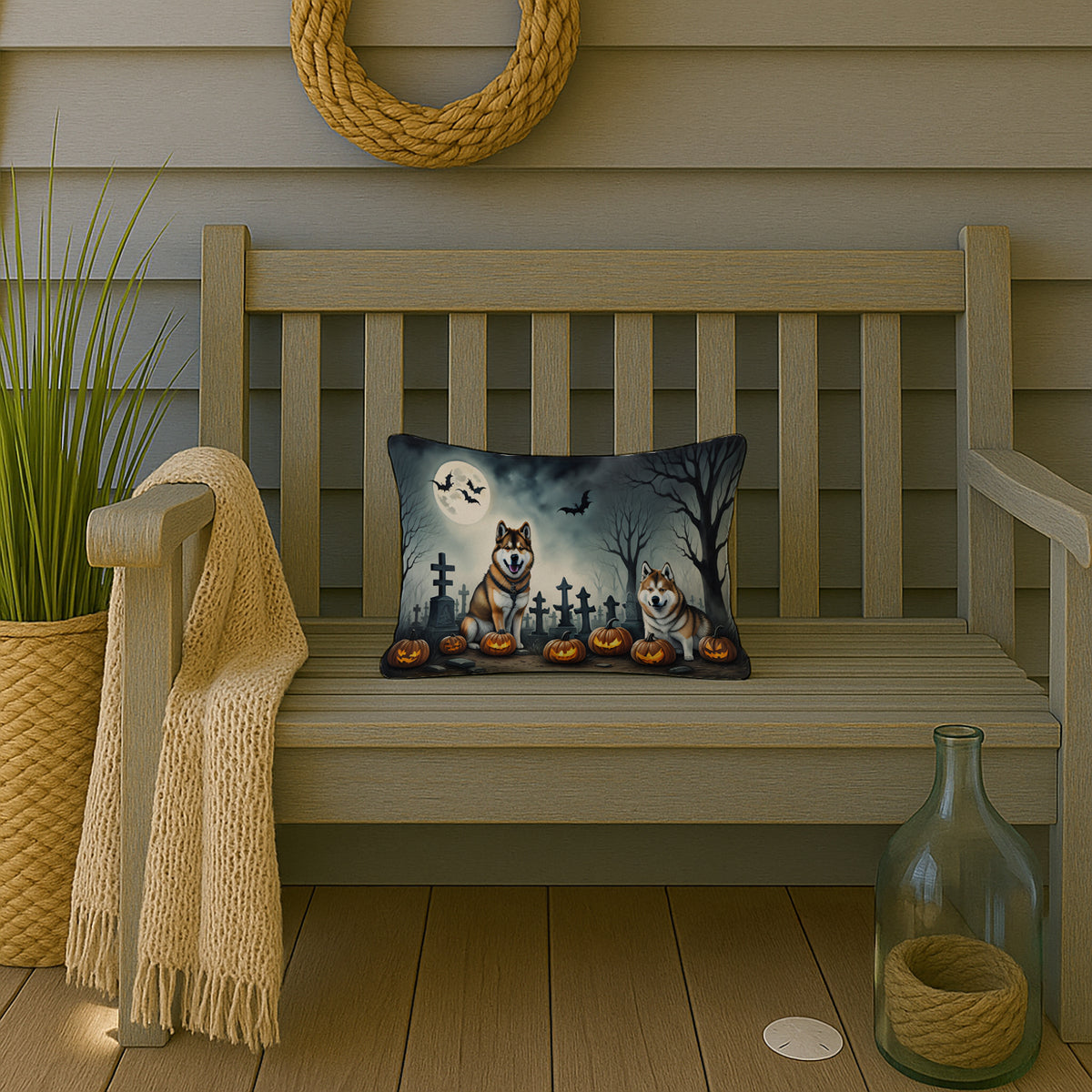 Caroline's Treasures DAC2005PW1216 Akita Spooky Halloween Fabric Decorative Pillow Machine Washable, Indoor Outdoor Decorative Pillow for Couch, Bed or Patio, 12HX16W