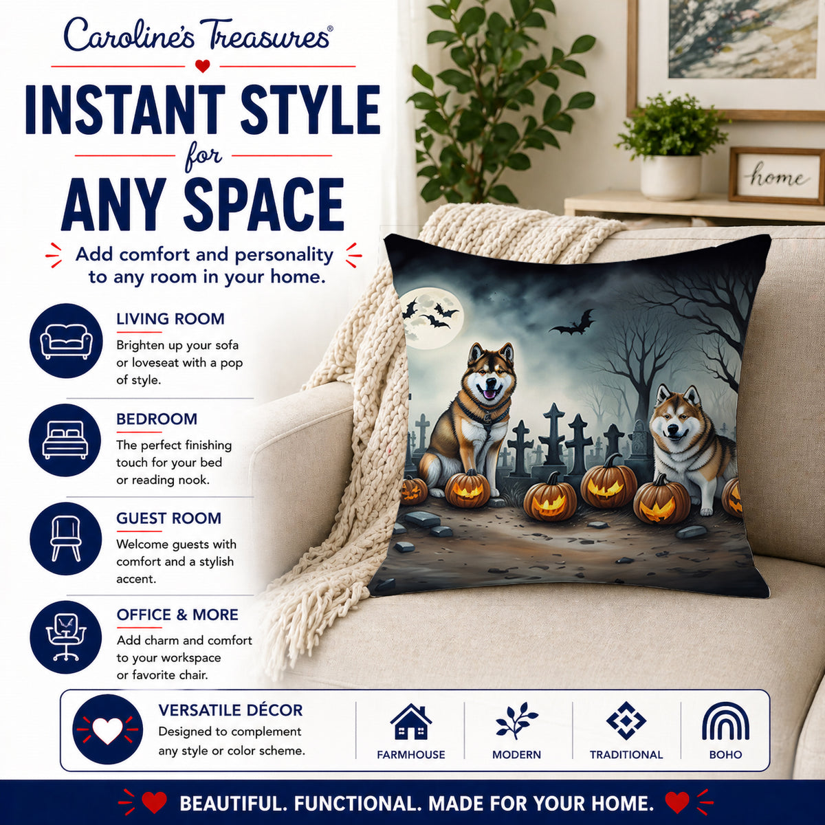 Caroline's Treasures DAC2005PW1414 Akita Spooky Halloween Fabric Decorative Pillow Machine Washable, Indoor Outdoor Decorative Pillow for Couch, Bed or Patio, 14Hx14W