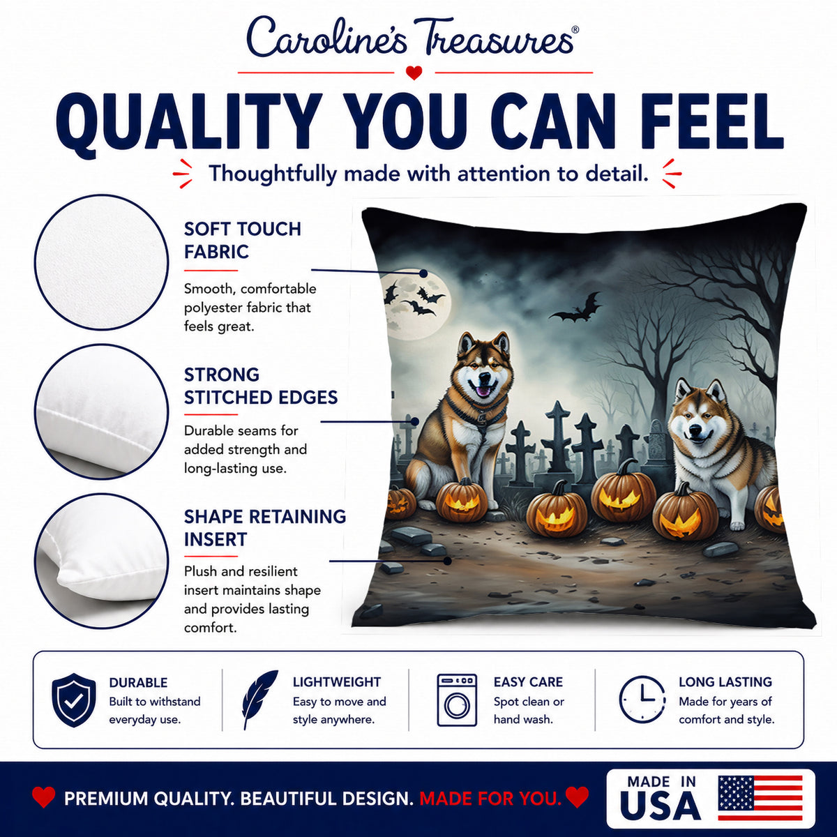 Caroline's Treasures DAC2005PW1818 Akita Spooky Halloween Fabric Decorative Pillow Machine Washable, Indoor Outdoor Decorative Pillow for Couch, Bed or Patio, 18Hx18W