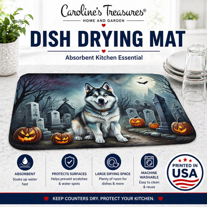 Caroline's Treasures DAC2006DDM Alaskan Malamute Spooky Halloween Dish Drying Mat Absorbent Dish Drying Mat Pad for Kitchen Counter Dish Drainer Mat for Countertop, 14 x 21, Multicolor