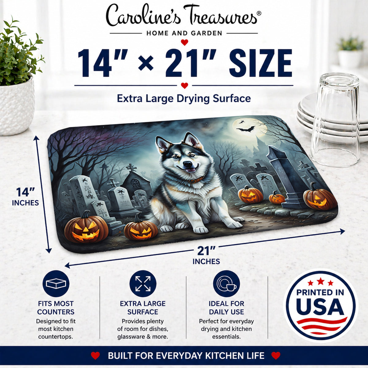 Caroline's Treasures DAC2006DDM Alaskan Malamute Spooky Halloween Dish Drying Mat Absorbent Dish Drying Mat Pad for Kitchen Counter Dish Drainer Mat for Countertop, 14 x 21, Multicolor