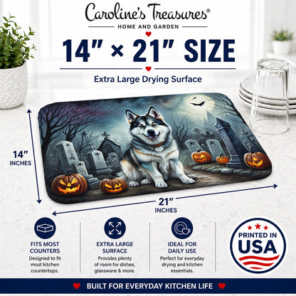 Caroline's Treasures DAC2006DDM Alaskan Malamute Spooky Halloween Dish Drying Mat Absorbent Dish Drying Mat Pad for Kitchen Counter Dish Drainer Mat for Countertop, 14 x 21, Multicolor