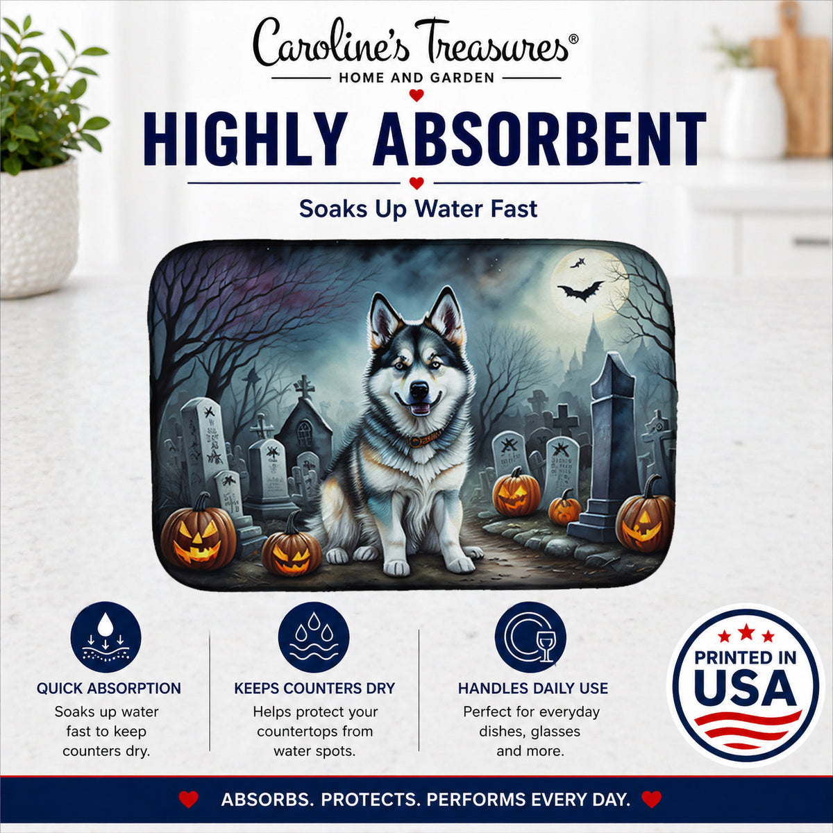 Caroline's Treasures DAC2006DDM Alaskan Malamute Spooky Halloween Dish Drying Mat Absorbent Dish Drying Mat Pad for Kitchen Counter Dish Drainer Mat for Countertop, 14 x 21, Multicolor