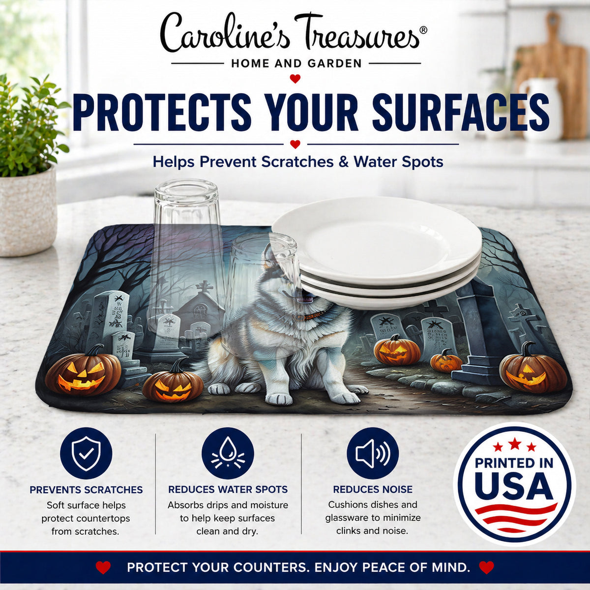 Caroline's Treasures DAC2006DDM Alaskan Malamute Spooky Halloween Dish Drying Mat Absorbent Dish Drying Mat Pad for Kitchen Counter Dish Drainer Mat for Countertop, 14 x 21, Multicolor