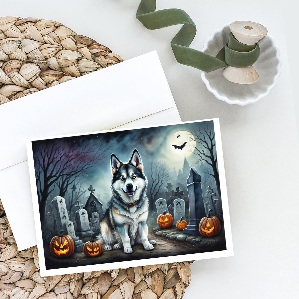Caroline's Treasures DAC2006GCA7P Alaskan Malamute Spooky Halloween Greeting Cards and Envelopes Pack of 8 Blank Cards with Envelopes Whimsical A7 Size 5x7 Blank Greeting Cards