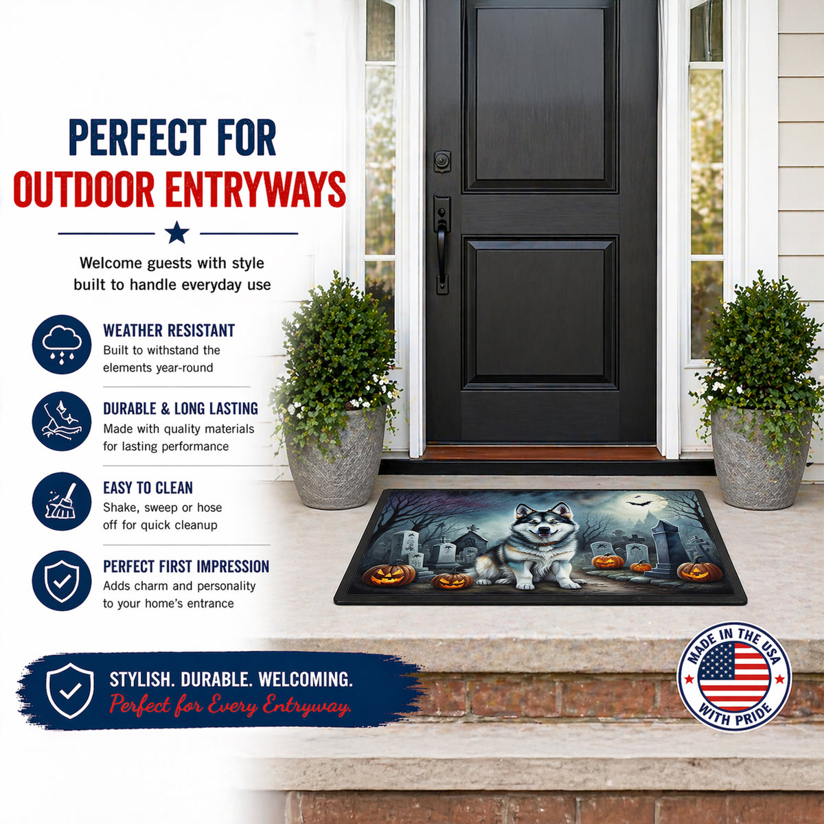 Caroline's Treasures DAC2006JMAT Alaskan Malamute Spooky Halloween Indoor or Outdoor Mat 24x36 Front Door Mat Indoor Outdoor Rugs for Entryway, Non Slip Washable Low Pile, 24H X 36W