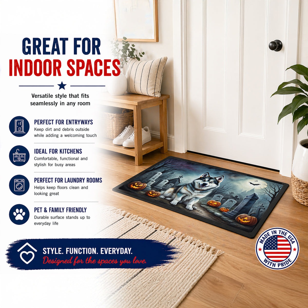 Caroline's Treasures DAC2006JMAT Alaskan Malamute Spooky Halloween Indoor or Outdoor Mat 24x36 Front Door Mat Indoor Outdoor Rugs for Entryway, Non Slip Washable Low Pile, 24H X 36W