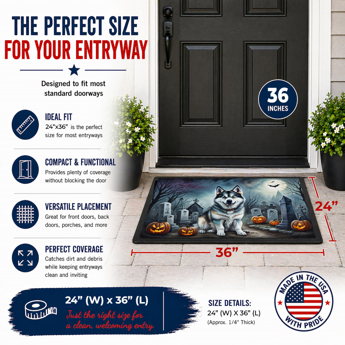 Caroline's Treasures DAC2006JMAT Alaskan Malamute Spooky Halloween Indoor or Outdoor Mat 24x36 Front Door Mat Indoor Outdoor Rugs for Entryway, Non Slip Washable Low Pile, 24H X 36W