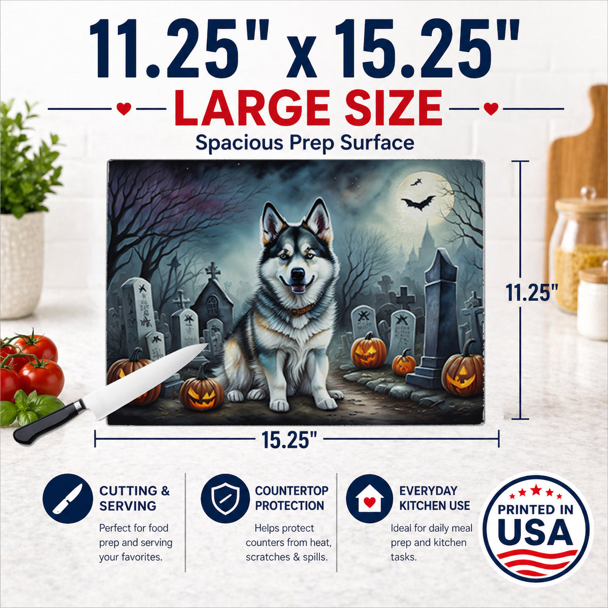 Caroline's Treasures DAC2006LCB Alaskan Malamute Spooky Halloween Glass Cutting Board Large Decorative Tempered Glass Kitchen Cutting and Serving Board Large Size Chopping Board