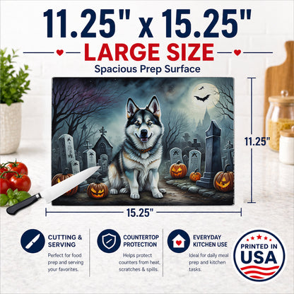 Caroline's Treasures DAC2006LCB Alaskan Malamute Spooky Halloween Glass Cutting Board Large Decorative Tempered Glass Kitchen Cutting and Serving Board Large Size Chopping Board