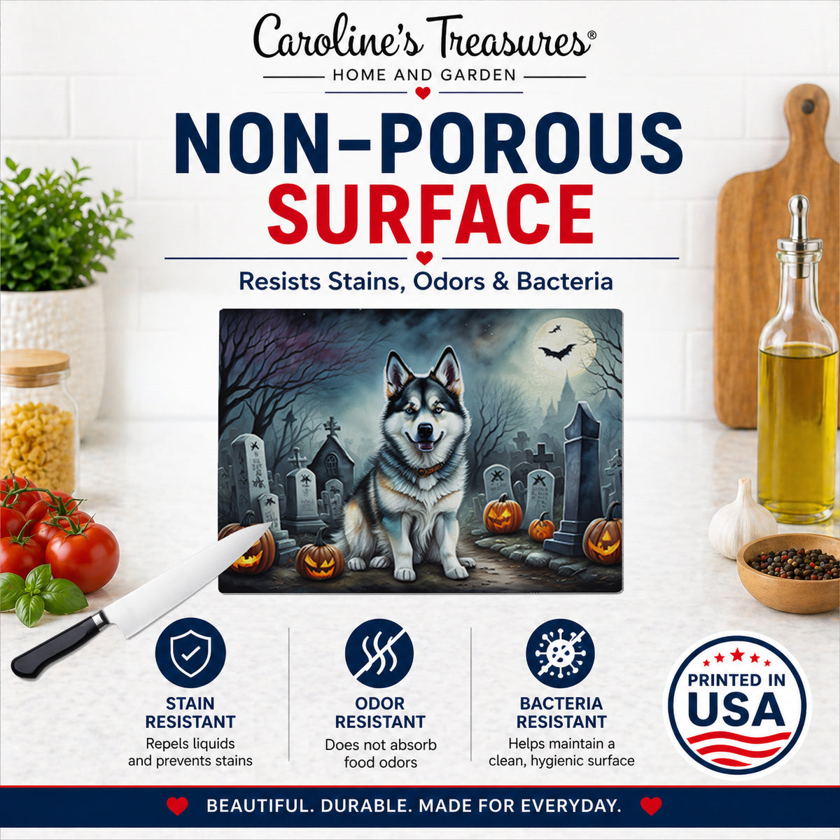 Caroline's Treasures DAC2006LCB Alaskan Malamute Spooky Halloween Glass Cutting Board Large Decorative Tempered Glass Kitchen Cutting and Serving Board Large Size Chopping Board