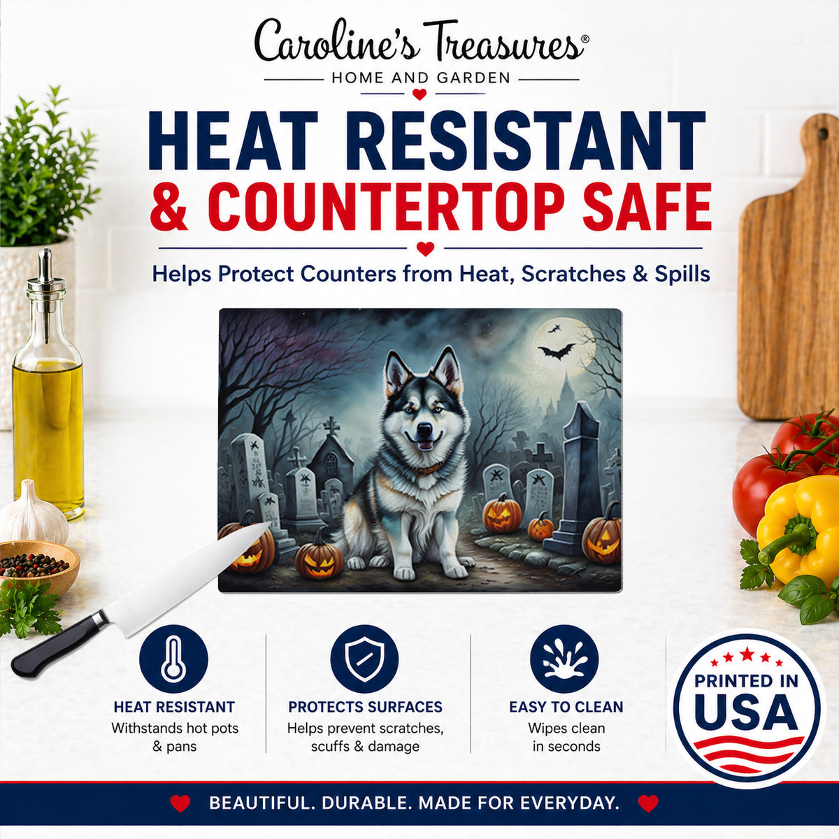 Caroline's Treasures DAC2006LCB Alaskan Malamute Spooky Halloween Glass Cutting Board Large Decorative Tempered Glass Kitchen Cutting and Serving Board Large Size Chopping Board