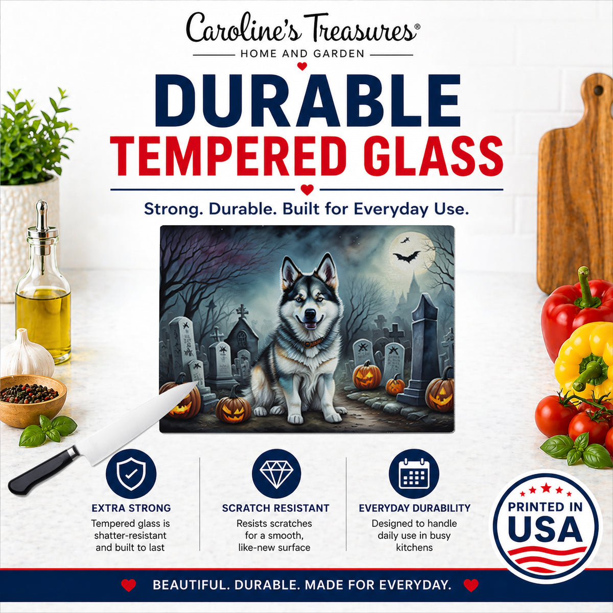 Caroline's Treasures DAC2006LCB Alaskan Malamute Spooky Halloween Glass Cutting Board Large Decorative Tempered Glass Kitchen Cutting and Serving Board Large Size Chopping Board