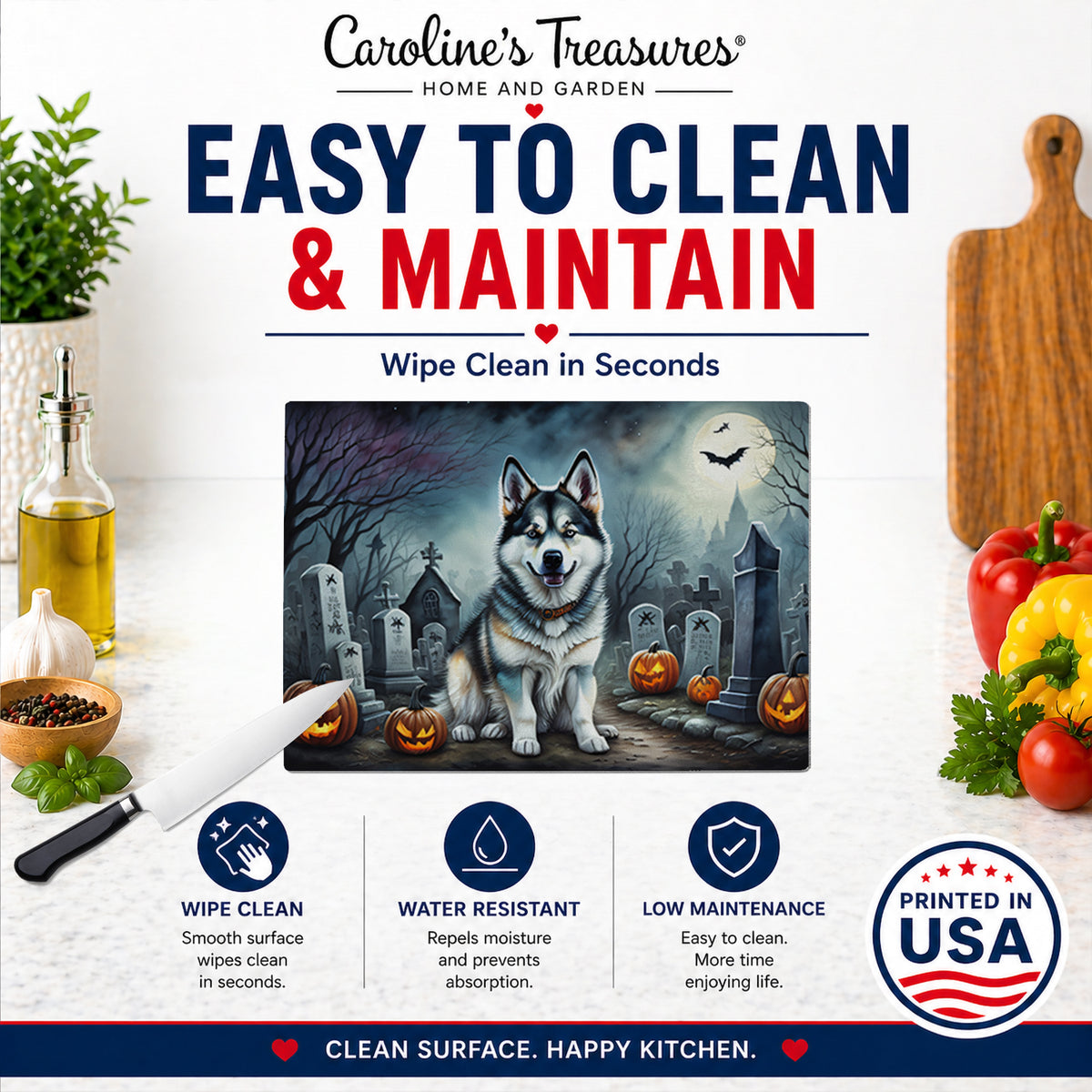 Caroline's Treasures DAC2006LCB Alaskan Malamute Spooky Halloween Glass Cutting Board Large Decorative Tempered Glass Kitchen Cutting and Serving Board Large Size Chopping Board