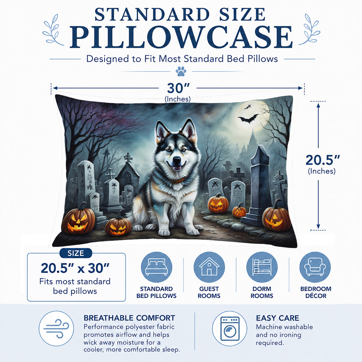 Caroline's Treasures DAC2006PILLOWCASE Alaskan Malamute Spooky Halloween Fabric Standard Pillowcase Lightweight Super Soft Easy Care Decorative Artwork Pillowcase, Standard