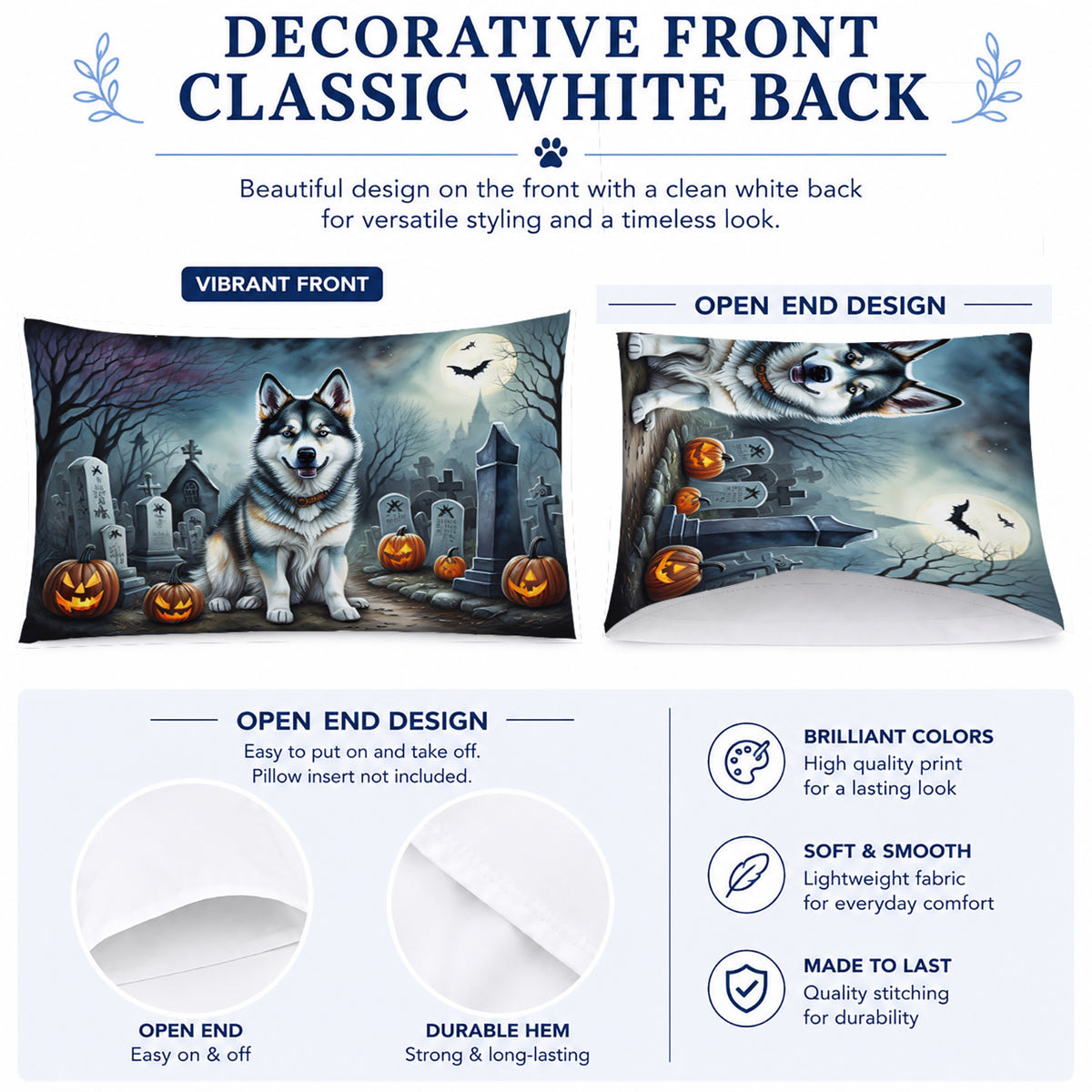 Caroline's Treasures DAC2006PILLOWCASE Alaskan Malamute Spooky Halloween Fabric Standard Pillowcase Lightweight Super Soft Easy Care Decorative Artwork Pillowcase, Standard