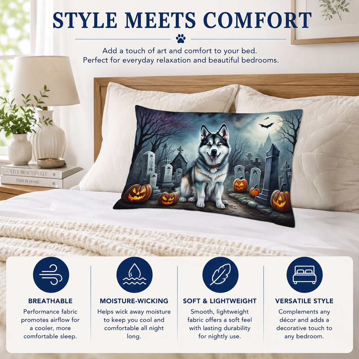 Caroline's Treasures DAC2006PILLOWCASE Alaskan Malamute Spooky Halloween Fabric Standard Pillowcase Lightweight Super Soft Easy Care Decorative Artwork Pillowcase, Standard