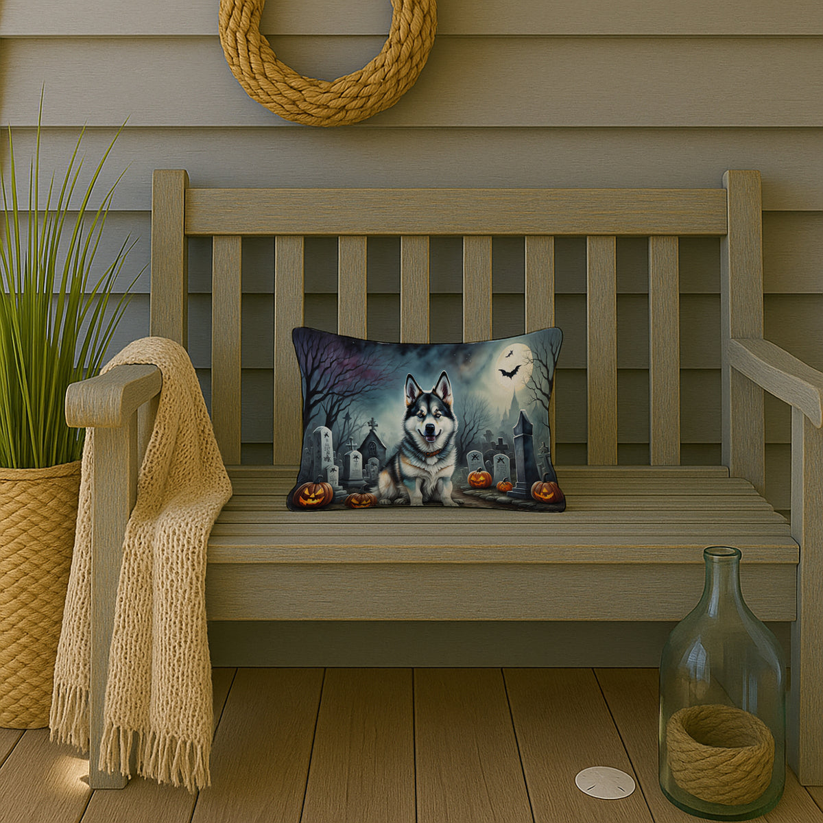 Caroline's Treasures DAC2006PW1216 Alaskan Malamute Spooky Halloween Fabric Decorative Pillow Machine Washable, Indoor Outdoor Decorative Pillow for Couch, Bed or Patio, 12HX16W