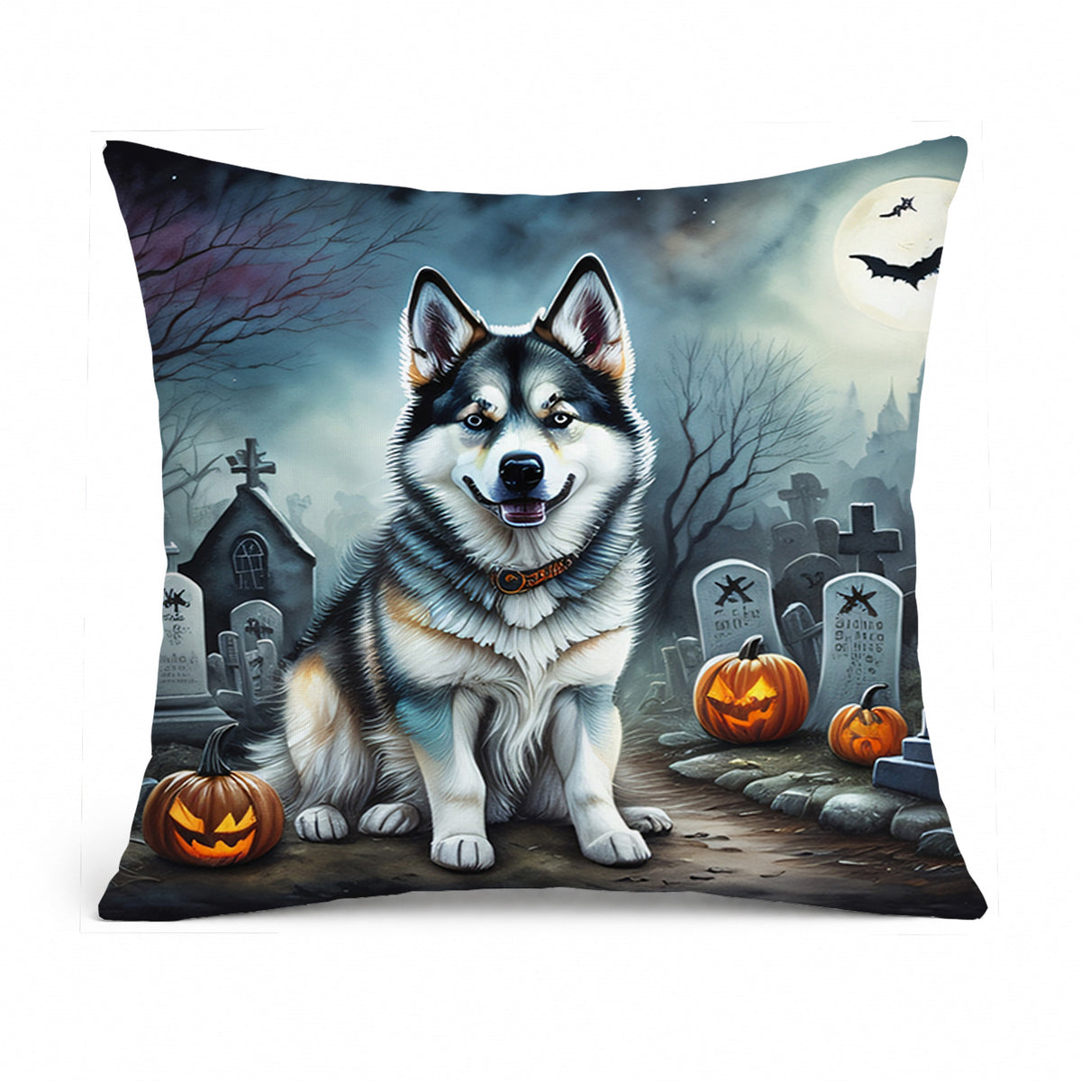 Caroline's Treasures DAC2006PW1414 Alaskan Malamute Spooky Halloween Fabric Decorative Pillow Machine Washable, Indoor Outdoor Decorative Pillow for Couch, Bed or Patio, 14Hx14W