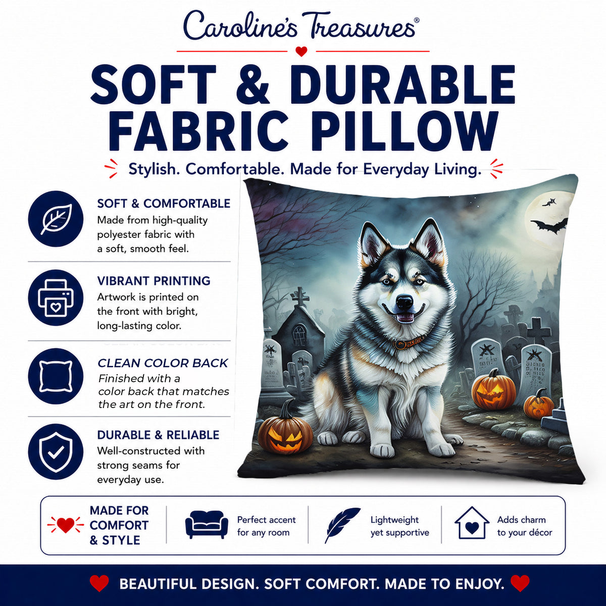Caroline's Treasures DAC2006PW1414 Alaskan Malamute Spooky Halloween Fabric Decorative Pillow Machine Washable, Indoor Outdoor Decorative Pillow for Couch, Bed or Patio, 14Hx14W