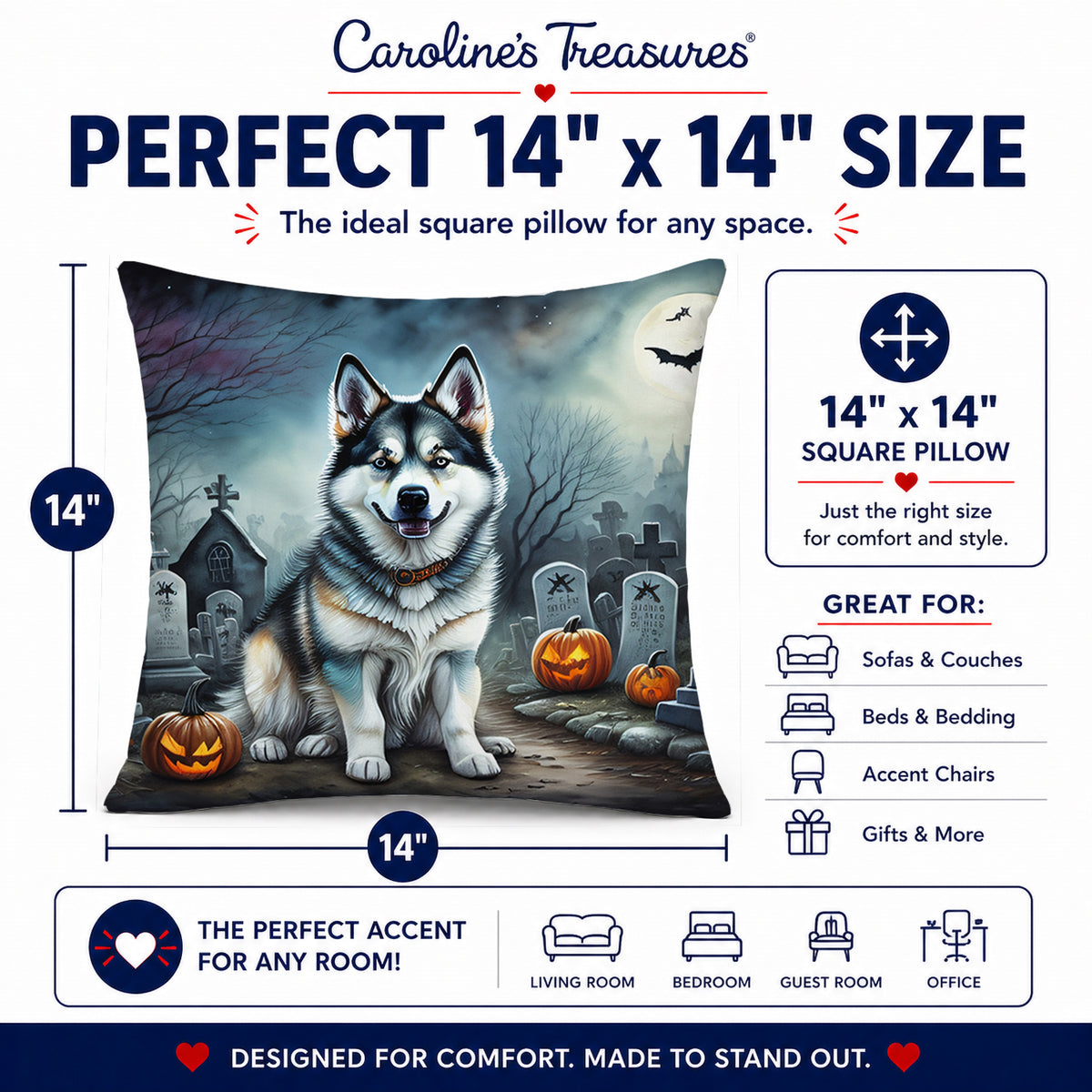 Caroline's Treasures DAC2006PW1414 Alaskan Malamute Spooky Halloween Fabric Decorative Pillow Machine Washable, Indoor Outdoor Decorative Pillow for Couch, Bed or Patio, 14Hx14W