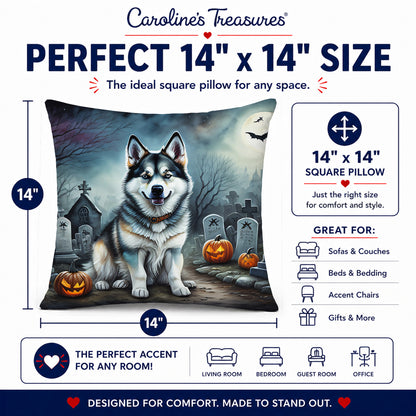 Caroline's Treasures DAC2006PW1414 Alaskan Malamute Spooky Halloween Fabric Decorative Pillow Machine Washable, Indoor Outdoor Decorative Pillow for Couch, Bed or Patio, 14Hx14W