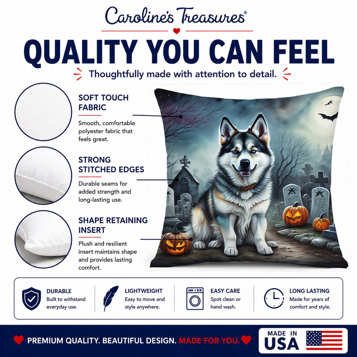 Caroline's Treasures DAC2006PW1414 Alaskan Malamute Spooky Halloween Fabric Decorative Pillow Machine Washable, Indoor Outdoor Decorative Pillow for Couch, Bed or Patio, 14Hx14W