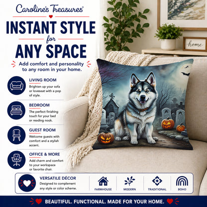Caroline's Treasures DAC2006PW1414 Alaskan Malamute Spooky Halloween Fabric Decorative Pillow Machine Washable, Indoor Outdoor Decorative Pillow for Couch, Bed or Patio, 14Hx14W