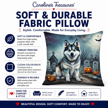 Caroline's Treasures DAC2006PW1818 Alaskan Malamute Spooky Halloween Fabric Decorative Pillow Machine Washable, Indoor Outdoor Decorative Pillow for Couch, Bed or Patio, 18Hx18W