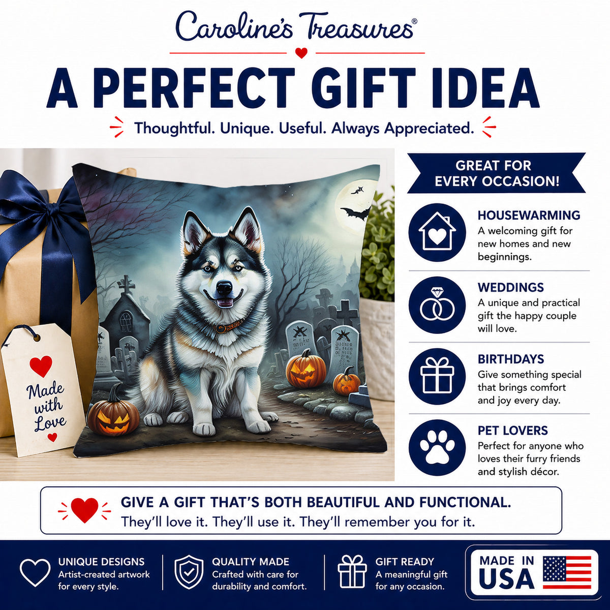 Caroline's Treasures DAC2006PW1818 Alaskan Malamute Spooky Halloween Fabric Decorative Pillow Machine Washable, Indoor Outdoor Decorative Pillow for Couch, Bed or Patio, 18Hx18W