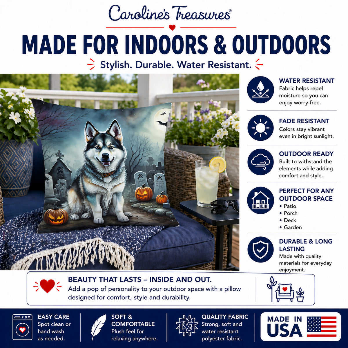 Caroline's Treasures DAC2006PW1818 Alaskan Malamute Spooky Halloween Fabric Decorative Pillow Machine Washable, Indoor Outdoor Decorative Pillow for Couch, Bed or Patio, 18Hx18W