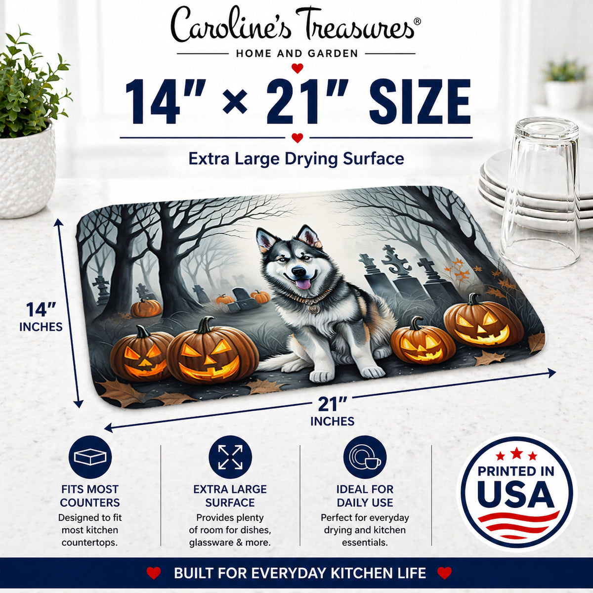 Caroline's Treasures DAC2007DDM Alaskan Malamute Spooky Halloween Dish Drying Mat Absorbent Dish Drying Mat Pad for Kitchen Counter Dish Drainer Mat for Countertop, 14 x 21, Multicolor