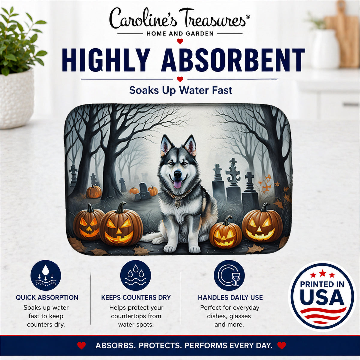 Caroline's Treasures DAC2007DDM Alaskan Malamute Spooky Halloween Dish Drying Mat Absorbent Dish Drying Mat Pad for Kitchen Counter Dish Drainer Mat for Countertop, 14 x 21, Multicolor