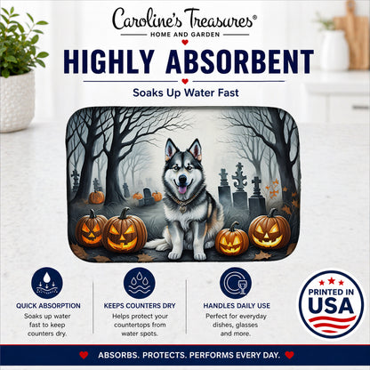 Caroline's Treasures DAC2007DDM Alaskan Malamute Spooky Halloween Dish Drying Mat Absorbent Dish Drying Mat Pad for Kitchen Counter Dish Drainer Mat for Countertop, 14 x 21, Multicolor