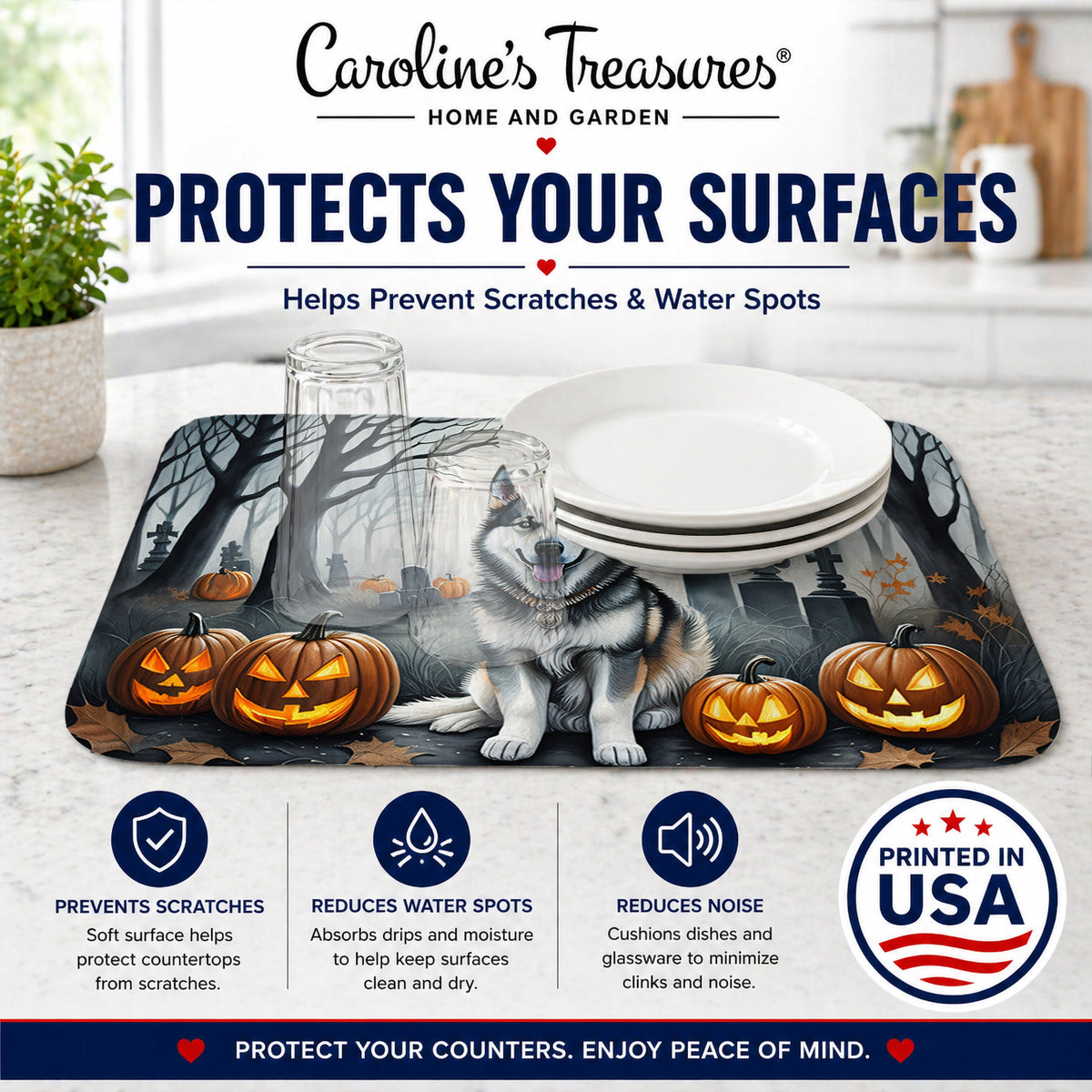 Caroline's Treasures DAC2007DDM Alaskan Malamute Spooky Halloween Dish Drying Mat Absorbent Dish Drying Mat Pad for Kitchen Counter Dish Drainer Mat for Countertop, 14 x 21, Multicolor