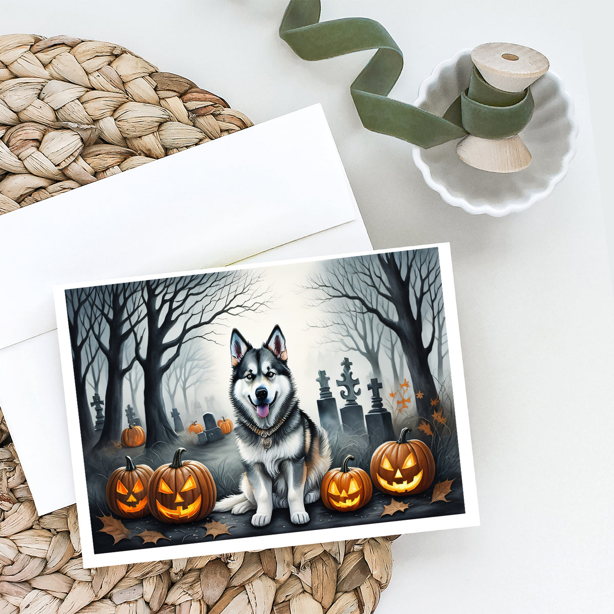 Caroline's Treasures DAC2007GCA7P Alaskan Malamute Spooky Halloween Greeting Cards and Envelopes Pack of 8 Blank Cards with Envelopes Whimsical A7 Size 5x7 Blank Greeting Cards