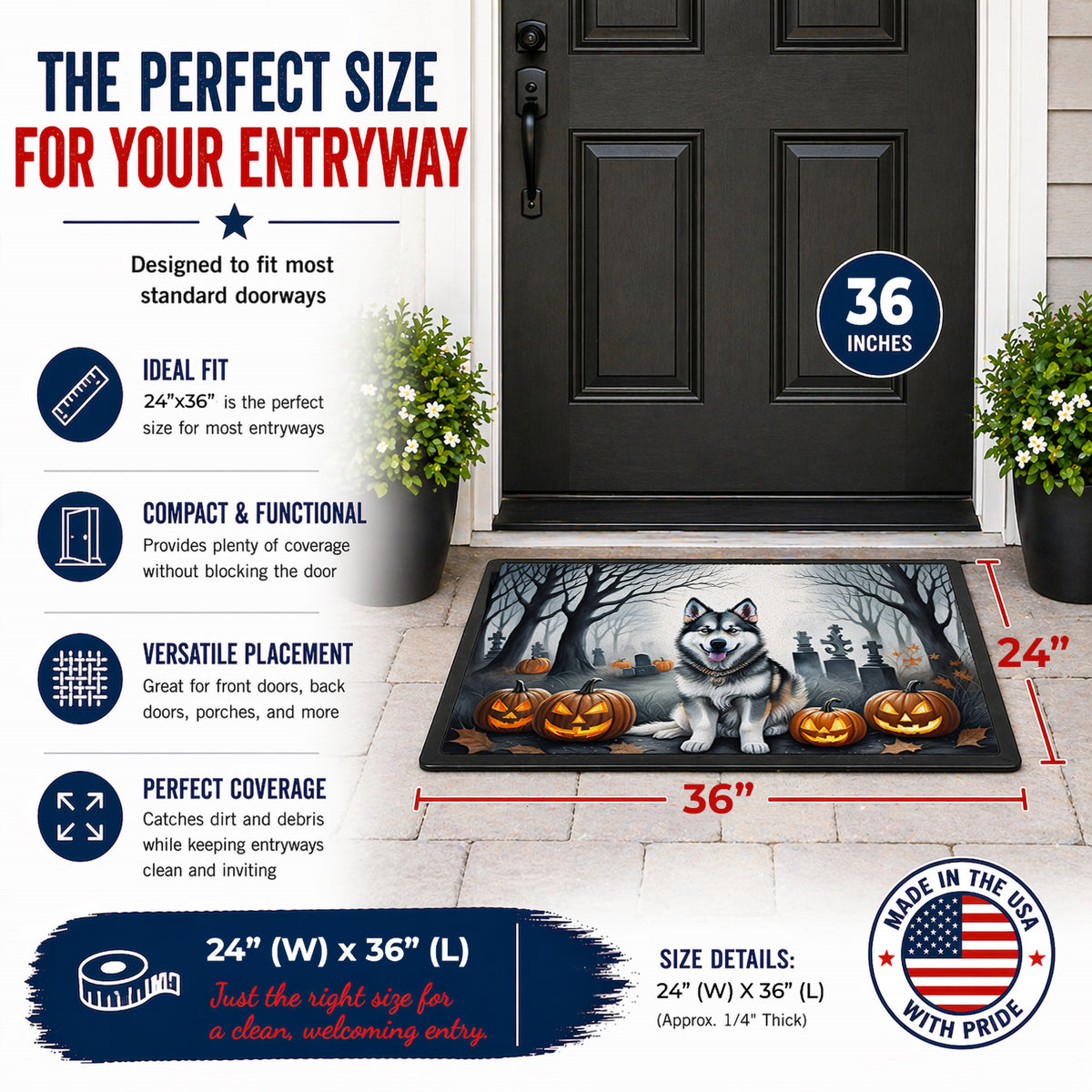 Caroline's Treasures DAC2007JMAT Alaskan Malamute Spooky Halloween Indoor or Outdoor Mat 24x36 Front Door Mat Indoor Outdoor Rugs for Entryway, Non Slip Washable Low Pile, 24H X 36W